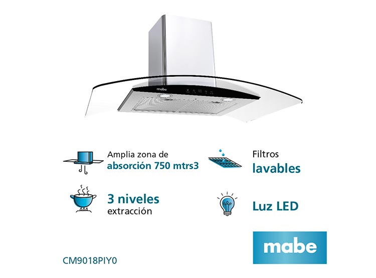 CAMPANA EXTRACTORA MABE ANCHO 90CM CM9018PIY0 DE PARED 3 VELOCIDADES INOX - 2