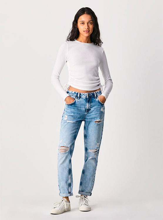 Pepe Jeans Violet – Jean Femme Taille Haute Mom Fit Extensible Confortable