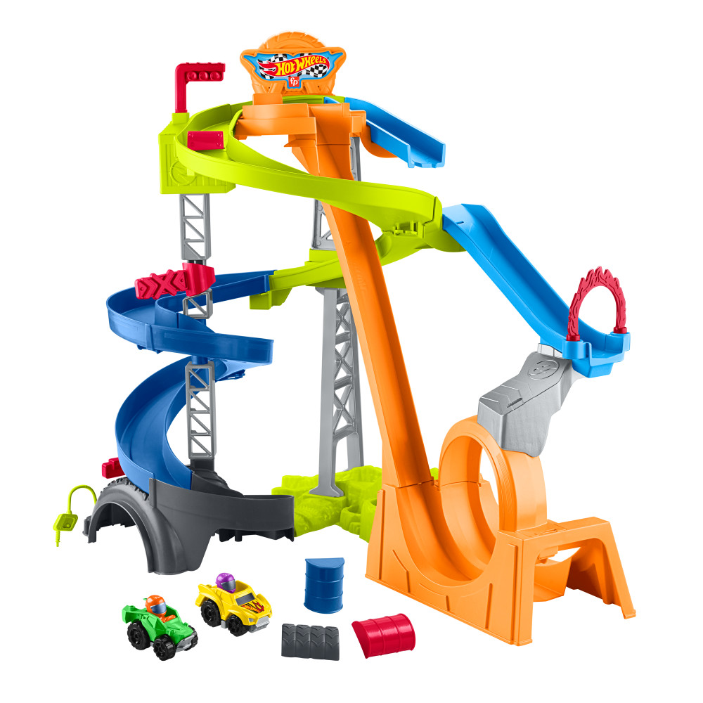 MUÑECA LITTLE PEOPLE HWB37 HOT WHEELSS WHEELIES PISTA CARRERAS Y CHOQUES - 1